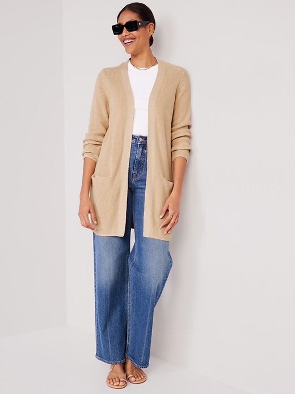 Old Navy Textured Open-Front Cotton Blend Knit Cardigan Sweater Oatmeal Size L